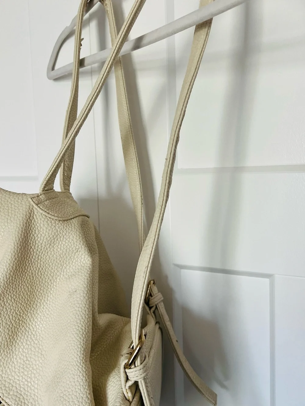 Cream Drawstring Leather Backpack Purse